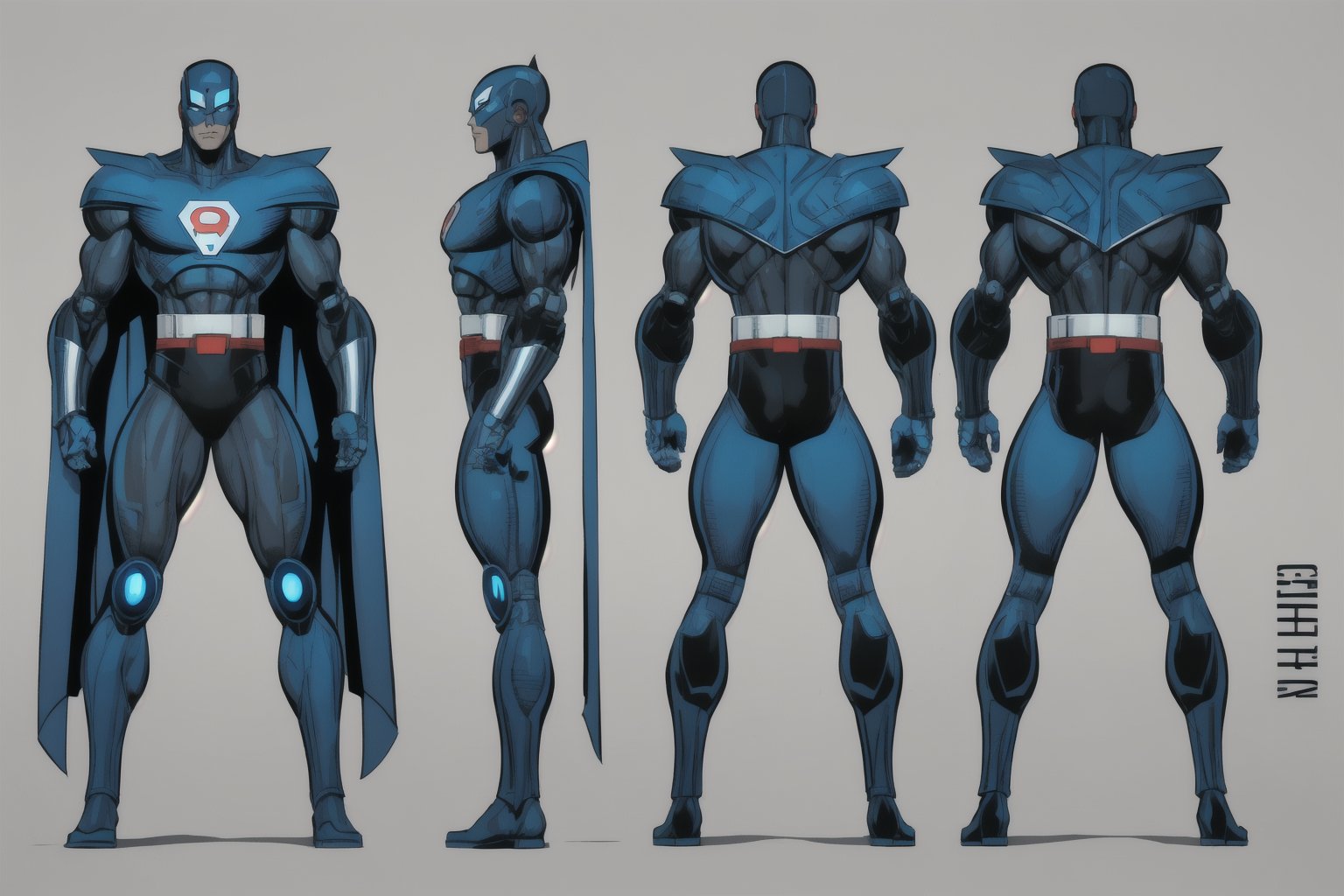 Robot, superhero, blue and grey, reference sheet, 3 views