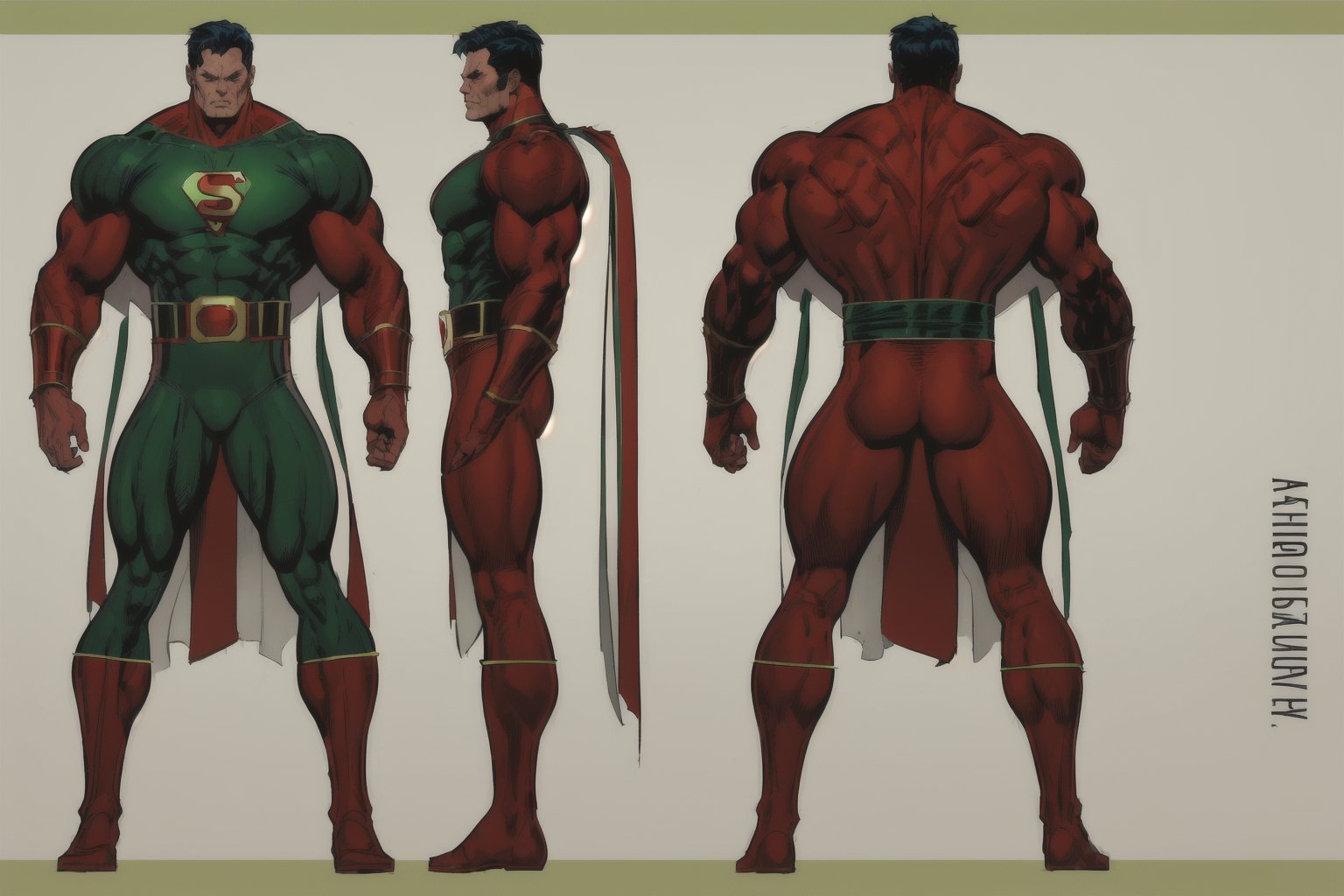 Man, very muscular, superhero, red and green superheroe costume, reference sheet, 3 views