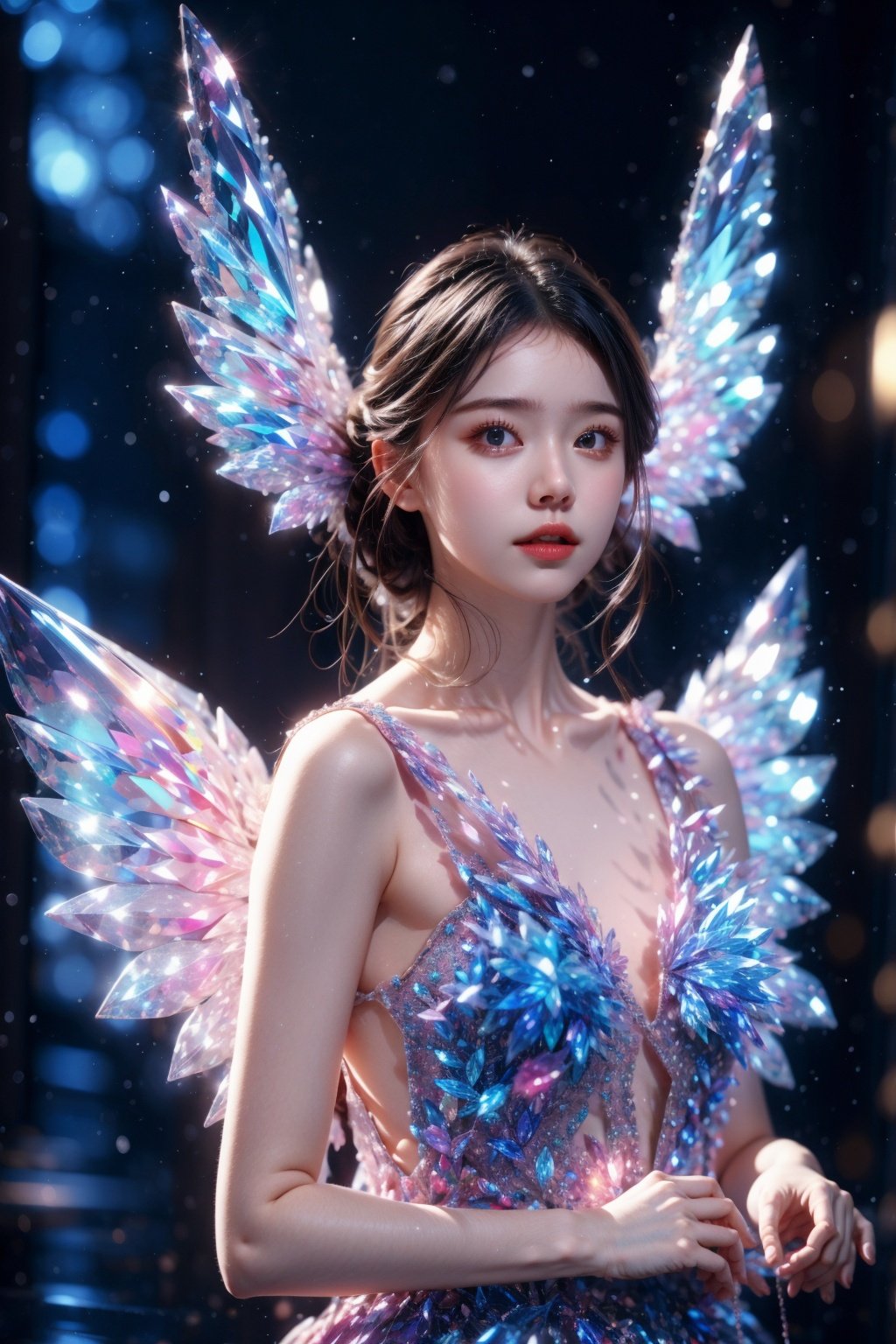 masterpiece,best quality,realistic,1girl,glowing,cute girl,colorful,winter,snowing,upper body,night,crystal dress, cute girl, glowing,gem, glowing,wings,crystal