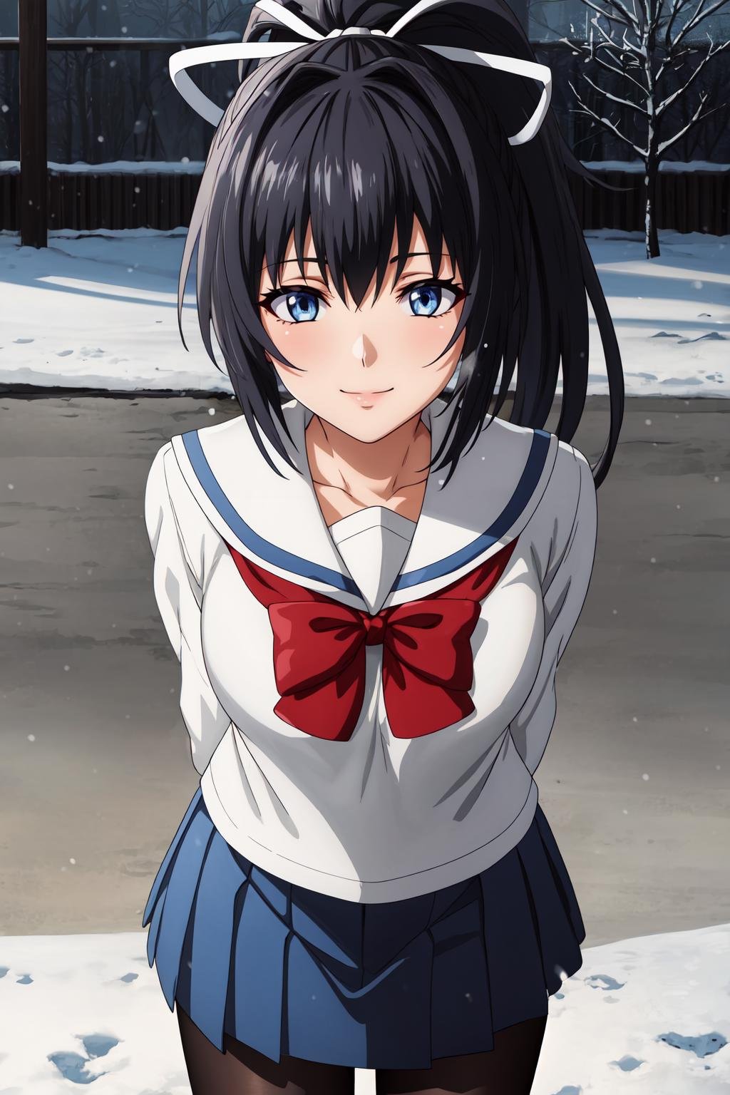 (masterpiece, best quality:1.2), highres, anime screencap, anime coloring, perfect lighting, 1girl, solo, smile, head tilt,ChitoseYukino_V1, black hair, long hair, ponytail, bangs, blue eyes, medium breasts, hair ribbon, white ribbon,BREAK school uniform, serafuku, (white shirt:1.), long sleeves, sailor collar, red bowtie, blue skirt, pleated skirt, black pantyhose,standing, arms behind back, leaning forward,outdoors, winter, snow, snowing, looking at viewer, from above,<lora:add_detail_CyberAlchemist:0.4>, <lora:GoodHands-beta2:0.8>, <lora:HitouChitoseYukinoV1-000009:0.85>