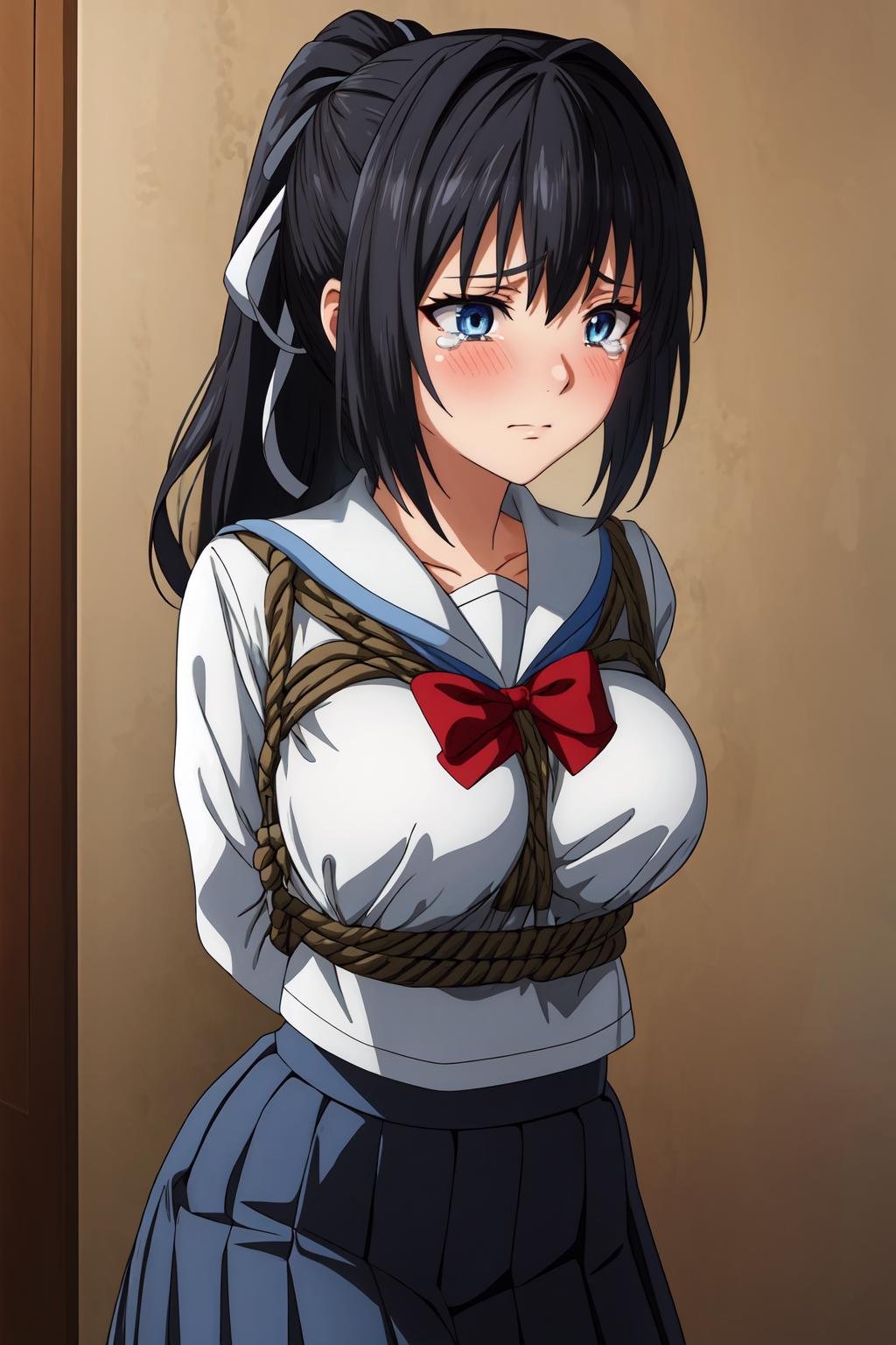 (masterpiece, best quality:1.2), highres, anime screencap, anime coloring, perfect lighting, 1girl, solo, blush, tears,ChitoseYukino_V1, black hair, long hair, ponytail, bangs, blue eyes, medium breasts, hair ribbon, white ribbon,school uniform, serafuku, (white shirt:1.2), long sleeves, sailor collar, red bowtie, blue skirt, pleated skirt, black pantyhose,arms behind back, bound, bdsm, bondage, rope, shibari, breast bondage,kneeling,indoors, messy room, looking away, upper body, portrait,<lora:add_detail_CyberAlchemist:0.4>, <lora:GoodHands-beta2:0.8>, <lora:HitouChitoseYukinoV1-000009:0.85>