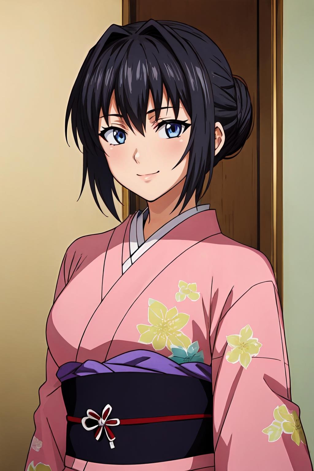 (masterpiece, best quality:1.2), highres, anime screencap, anime coloring, 1girl, solo, seductive smile, ChitoseYukino_V1, black hair, short hair, (single hair bun:1.1), bangs, blue eyes, large breasts, japanese clothes, pink kimono, long sleeves, floral print, obi, sash, indoors, looking at viewer, upper body, portrait, <lora:add_detail_CyberAlchemist:0.4>, <lora:GoodHands-beta2:0.8>, <lora:HitouChitoseYukinoV1-000009:0.85>