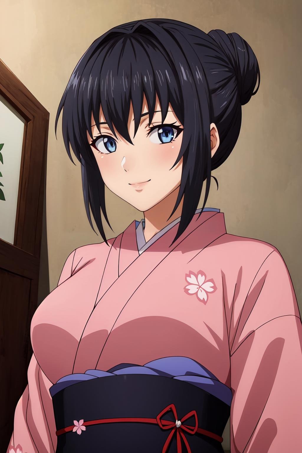 (masterpiece, best quality:1.2), highres, anime screencap, anime coloring, perfect lighting, 1girl, solo, seductive smile,ChitoseYukino_V1, black hair, short hair, (single hair bun:1.1), bangs, blue eyes, large breasts,japanese clothes, pink kimono, long sleeves, floral print, obi, sash,indoors, looking at viewer, upper body, portrait,<lora:add_detail_CyberAlchemist:0.4>, <lora:GoodHands-beta2:0.8>, <lora:HitouChitoseYukinoV1-000009:0.85>