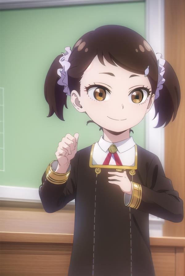 beckyblackbell, <lora:becky blackbell s1-lora-nochekaiser:1>,becky blackbell, black hair, hair ornament, twintails, hairclip, scrunchie, hair scrunchie, (brown eyes:1.5), smile,BREAK long sleeves, dress, school uniform, socks, black dress, eden academy school uniform,BREAK indoors, classroom,BREAK looking at viewer, (cowboy shot:1.5),BREAK <lyco:GoodHands-beta2:1>, (masterpiece:1.2), best quality, high resolution, unity 8k wallpaper, (illustration:0.8), (beautiful detailed eyes:1.6), extremely detailed face, perfect lighting, extremely detailed CG, (perfect hands, perfect anatomy),