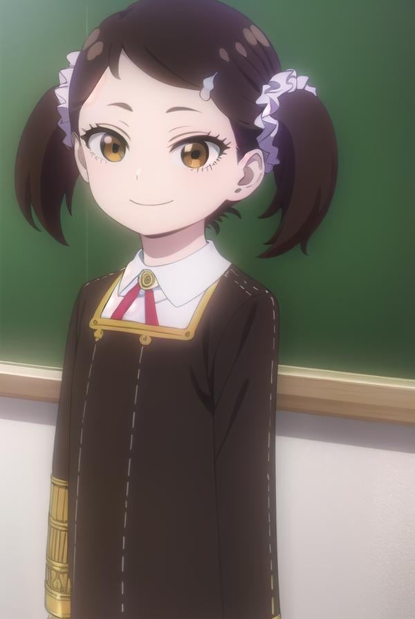 beckyblackbell, <lora:becky blackbell s1-lora-nochekaiser:1>,becky blackbell, black hair, hair ornament, twintails, hairclip, scrunchie, hair scrunchie, (brown eyes:1.5), smile,BREAK long sleeves, dress, school uniform, socks, black dress, eden academy school uniform,BREAK indoors, classroom,BREAK looking at viewer, (cowboy shot:1.5),BREAK <lyco:GoodHands-beta2:1>, (masterpiece:1.2), best quality, high resolution, unity 8k wallpaper, (illustration:0.8), (beautiful detailed eyes:1.6), extremely detailed face, perfect lighting, extremely detailed CG, (perfect hands, perfect anatomy),