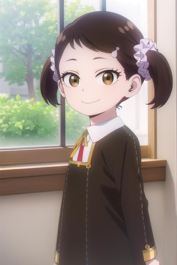 beckyblackbell, <lora:becky blackbell s1-lora-nochekaiser:1>,becky blackbell, black hair, hair ornament, twintails, hairclip, scrunchie, hair scrunchie, (brown eyes:1.5), smile,BREAK long sleeves, dress, school uniform, socks, black dress, eden academy school uniform,BREAK indoors, classroom,BREAK looking at viewer, (cowboy shot:1.5),BREAK <lyco:GoodHands-beta2:1>, (masterpiece:1.2), best quality, high resolution, unity 8k wallpaper, (illustration:0.8), (beautiful detailed eyes:1.6), extremely detailed face, perfect lighting, extremely detailed CG, (perfect hands, perfect anatomy),