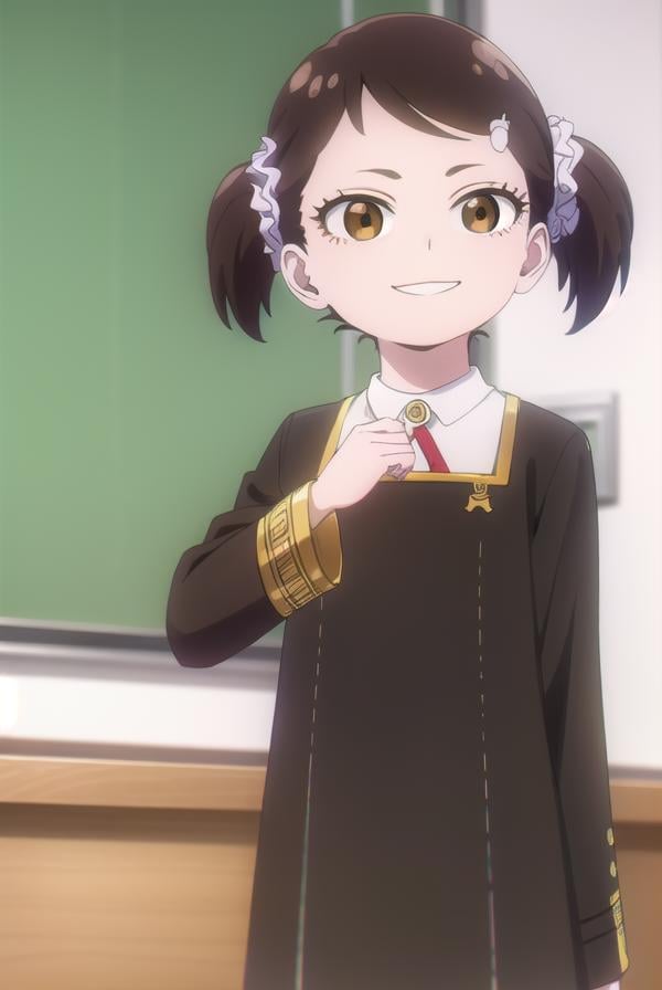 beckyblackbell, <lora:becky blackbell s1-lora-nochekaiser:1>,becky blackbell, black hair, hair ornament, twintails, hairclip, scrunchie, hair scrunchie, (brown eyes:1.5), smile,BREAK long sleeves, dress, school uniform, socks, black dress, eden academy school uniform,BREAK indoors, classroom,BREAK looking at viewer, (cowboy shot:1.5),BREAK <lyco:GoodHands-beta2:1>, (masterpiece:1.2), best quality, high resolution, unity 8k wallpaper, (illustration:0.8), (beautiful detailed eyes:1.6), extremely detailed face, perfect lighting, extremely detailed CG, (perfect hands, perfect anatomy),