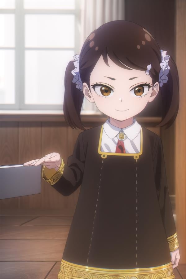 beckyblackbell, <lora:becky blackbell s1-lora-nochekaiser:1>,becky blackbell, black hair, hair ornament, twintails, hairclip, scrunchie, hair scrunchie, (brown eyes:1.5), smile,BREAK long sleeves, dress, school uniform, socks, black dress, eden academy school uniform,BREAK indoors, classroom,BREAK looking at viewer, (cowboy shot:1.5),BREAK <lyco:GoodHands-beta2:1>, (masterpiece:1.2), best quality, high resolution, unity 8k wallpaper, (illustration:0.8), (beautiful detailed eyes:1.6), extremely detailed face, perfect lighting, extremely detailed CG, (perfect hands, perfect anatomy),