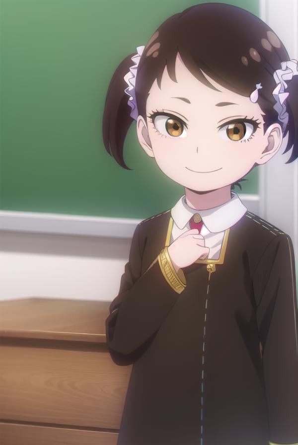 beckyblackbell, <lora:becky blackbell s1-lora-nochekaiser:1>,becky blackbell, black hair, hair ornament, twintails, hairclip, scrunchie, hair scrunchie, (brown eyes:1.5), smile,BREAK long sleeves, dress, school uniform, socks, black dress, eden academy school uniform,BREAK indoors, classroom,BREAK looking at viewer, (cowboy shot:1.5),BREAK <lyco:GoodHands-beta2:1>, (masterpiece:1.2), best quality, high resolution, unity 8k wallpaper, (illustration:0.8), (beautiful detailed eyes:1.6), extremely detailed face, perfect lighting, extremely detailed CG, (perfect hands, perfect anatomy),