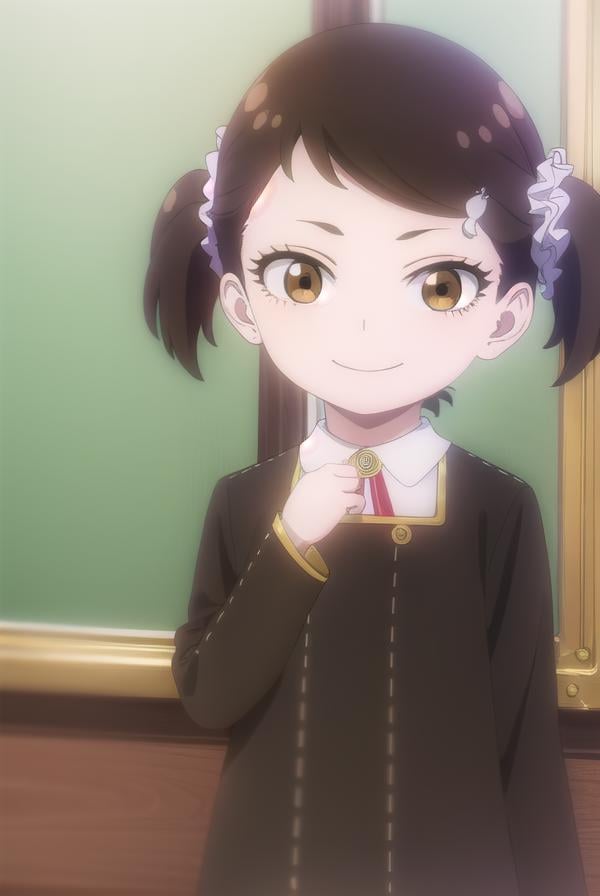 beckyblackbell, <lora:becky blackbell s1-lora-nochekaiser:1>,becky blackbell, black hair, hair ornament, twintails, hairclip, scrunchie, hair scrunchie, (brown eyes:1.5), smile,BREAK long sleeves, dress, school uniform, socks, black dress, eden academy school uniform,BREAK indoors, classroom,BREAK looking at viewer, (cowboy shot:1.5),BREAK <lyco:GoodHands-beta2:1>, (masterpiece:1.2), best quality, high resolution, unity 8k wallpaper, (illustration:0.8), (beautiful detailed eyes:1.6), extremely detailed face, perfect lighting, extremely detailed CG, (perfect hands, perfect anatomy),