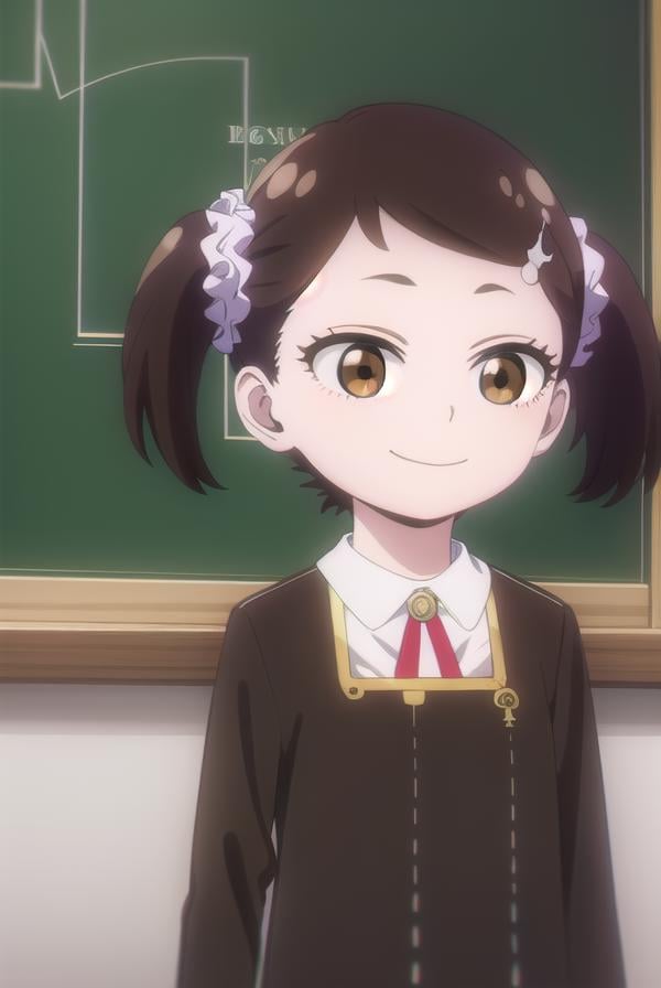 beckyblackbell, <lora:becky blackbell s1-lora-nochekaiser:1>,becky blackbell, black hair, hair ornament, twintails, hairclip, scrunchie, hair scrunchie, (brown eyes:1.5), smile,BREAK long sleeves, dress, school uniform, socks, black dress, eden academy school uniform,BREAK indoors, classroom,BREAK looking at viewer, (cowboy shot:1.5),BREAK <lyco:GoodHands-beta2:1>, (masterpiece:1.2), best quality, high resolution, unity 8k wallpaper, (illustration:0.8), (beautiful detailed eyes:1.6), extremely detailed face, perfect lighting, extremely detailed CG, (perfect hands, perfect anatomy),