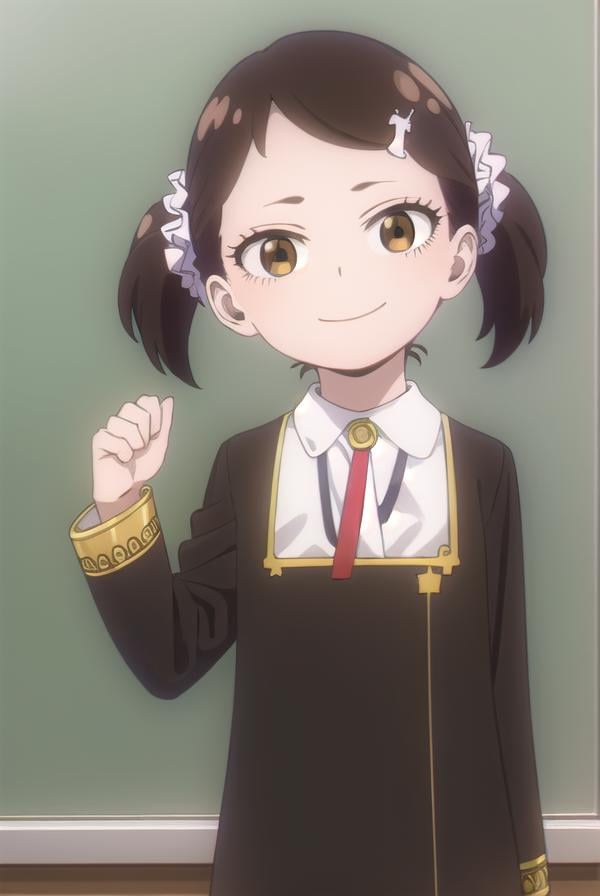 beckyblackbell, <lora:becky blackbell s1-lora-nochekaiser:1>,becky blackbell, black hair, hair ornament, twintails, hairclip, scrunchie, hair scrunchie, (brown eyes:1.5), smile,BREAK long sleeves, dress, school uniform, socks, black dress, eden academy school uniform,BREAK indoors, classroom,BREAK looking at viewer, (cowboy shot:1.5),BREAK <lyco:GoodHands-beta2:1>, (masterpiece:1.2), best quality, high resolution, unity 8k wallpaper, (illustration:0.8), (beautiful detailed eyes:1.6), extremely detailed face, perfect lighting, extremely detailed CG, (perfect hands, perfect anatomy),