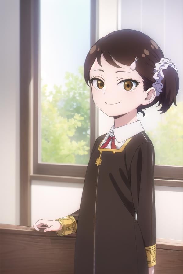 beckyblackbell, <lora:becky blackbell s1-lora-nochekaiser:1>,becky blackbell, black hair, hair ornament, twintails, hairclip, scrunchie, hair scrunchie, (brown eyes:1.5), smile,BREAK long sleeves, dress, school uniform, socks, black dress, eden academy school uniform,BREAK indoors, classroom,BREAK looking at viewer, (cowboy shot:1.5),BREAK <lyco:GoodHands-beta2:1>, (masterpiece:1.2), best quality, high resolution, unity 8k wallpaper, (illustration:0.8), (beautiful detailed eyes:1.6), extremely detailed face, perfect lighting, extremely detailed CG, (perfect hands, perfect anatomy),