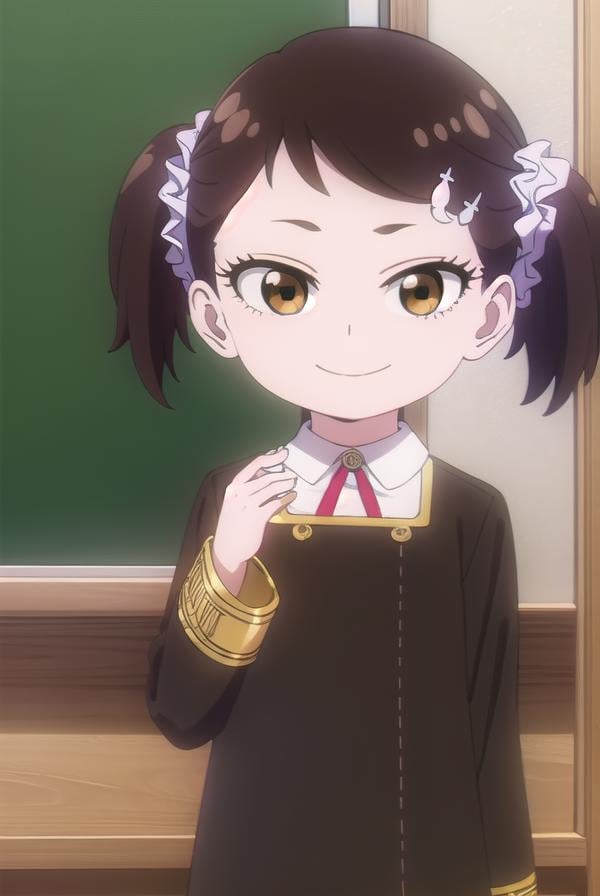 beckyblackbell, <lora:becky blackbell s1-lora-nochekaiser:1>,becky blackbell, black hair, hair ornament, twintails, hairclip, scrunchie, hair scrunchie, (brown eyes:1.5), smile,BREAK long sleeves, dress, school uniform, socks, black dress, eden academy school uniform,BREAK indoors, classroom,BREAK looking at viewer, (cowboy shot:1.5),BREAK <lyco:GoodHands-beta2:1>, (masterpiece:1.2), best quality, high resolution, unity 8k wallpaper, (illustration:0.8), (beautiful detailed eyes:1.6), extremely detailed face, perfect lighting, extremely detailed CG, (perfect hands, perfect anatomy),