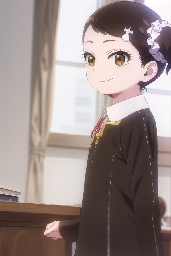 beckyblackbell, <lora:becky blackbell s1-lora-nochekaiser:1>,becky blackbell, black hair, hair ornament, twintails, hairclip, scrunchie, hair scrunchie, (brown eyes:1.5), smile,BREAK long sleeves, dress, school uniform, socks, black dress, eden academy school uniform,BREAK indoors, classroom,BREAK looking at viewer, (cowboy shot:1.5),BREAK <lyco:GoodHands-beta2:1>, (masterpiece:1.2), best quality, high resolution, unity 8k wallpaper, (illustration:0.8), (beautiful detailed eyes:1.6), extremely detailed face, perfect lighting, extremely detailed CG, (perfect hands, perfect anatomy),