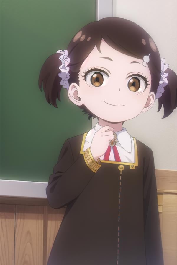 beckyblackbell, <lora:becky blackbell s1-lora-nochekaiser:1>,becky blackbell, black hair, hair ornament, twintails, hairclip, scrunchie, hair scrunchie, (brown eyes:1.5), smile,BREAK long sleeves, dress, school uniform, socks, black dress, eden academy school uniform,BREAK indoors, classroom,BREAK looking at viewer, (cowboy shot:1.5),BREAK <lyco:GoodHands-beta2:1>, (masterpiece:1.2), best quality, high resolution, unity 8k wallpaper, (illustration:0.8), (beautiful detailed eyes:1.6), extremely detailed face, perfect lighting, extremely detailed CG, (perfect hands, perfect anatomy),