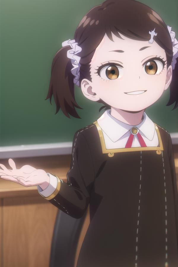 beckyblackbell, <lora:becky blackbell s1-lora-nochekaiser:1>,becky blackbell, black hair, hair ornament, twintails, hairclip, scrunchie, hair scrunchie, (brown eyes:1.5), smile,BREAK long sleeves, dress, school uniform, socks, black dress, eden academy school uniform,BREAK indoors, classroom,BREAK looking at viewer, (cowboy shot:1.5),BREAK <lyco:GoodHands-beta2:1>, (masterpiece:1.2), best quality, high resolution, unity 8k wallpaper, (illustration:0.8), (beautiful detailed eyes:1.6), extremely detailed face, perfect lighting, extremely detailed CG, (perfect hands, perfect anatomy),