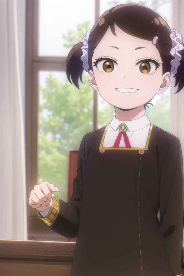 beckyblackbell, <lora:becky blackbell s1-lora-nochekaiser:1>,becky blackbell, black hair, hair ornament, twintails, hairclip, scrunchie, hair scrunchie, (brown eyes:1.5), smile,BREAK long sleeves, dress, school uniform, socks, black dress, eden academy school uniform,BREAK indoors, classroom,BREAK looking at viewer, (cowboy shot:1.5),BREAK <lyco:GoodHands-beta2:1>, (masterpiece:1.2), best quality, high resolution, unity 8k wallpaper, (illustration:0.8), (beautiful detailed eyes:1.6), extremely detailed face, perfect lighting, extremely detailed CG, (perfect hands, perfect anatomy),