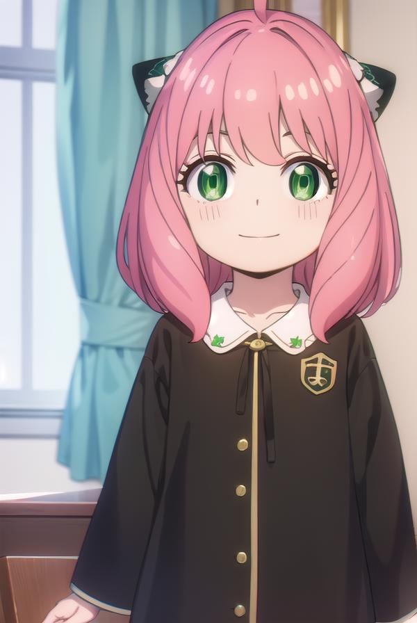 anyaforger, <lora:anya forger s1-lora-nochekaiser:1>,anya forger, bangs, (green eyes:1.5), pink hair, ahoge, hair ornament, smile, child, female child,BREAK long sleeves, dress, school uniform, socks, black dress, eden academy school uniform,BREAK indoors, classroom,BREAK looking at viewer, (cowboy shot:1.5),BREAK <lyco:GoodHands-beta2:1>, (masterpiece:1.2), best quality, high resolution, unity 8k wallpaper, (illustration:0.8), (beautiful detailed eyes:1.6), extremely detailed face, perfect lighting, extremely detailed CG, (perfect hands, perfect anatomy),