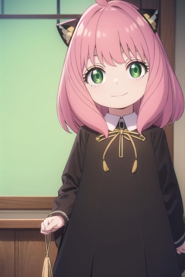 anyaforger, <lora:anya forger s1-lora-nochekaiser:1>,anya forger, bangs, (green eyes:1.5), pink hair, ahoge, hair ornament, smile, child, female child,BREAK long sleeves, dress, school uniform, socks, black dress, eden academy school uniform,BREAK indoors, classroom,BREAK looking at viewer, (cowboy shot:1.5),BREAK <lyco:GoodHands-beta2:1>, (masterpiece:1.2), best quality, high resolution, unity 8k wallpaper, (illustration:0.8), (beautiful detailed eyes:1.6), extremely detailed face, perfect lighting, extremely detailed CG, (perfect hands, perfect anatomy),