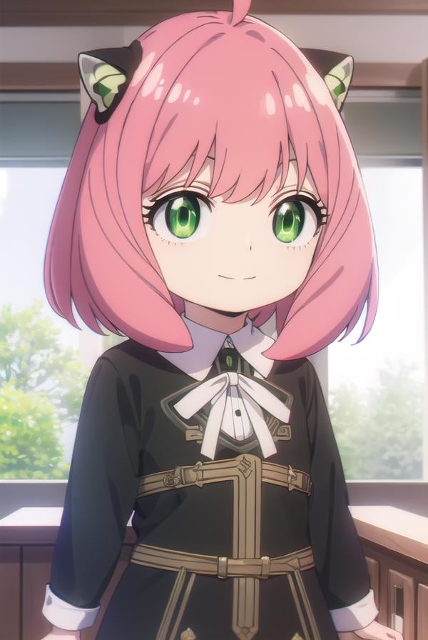 anyaforger, <lora:anya forger s1-lora-nochekaiser:1>,anya forger, bangs, (green eyes:1.5), pink hair, ahoge, hair ornament, smile, child, female child,BREAK long sleeves, dress, school uniform, socks, black dress, eden academy school uniform,BREAK indoors, classroom,BREAK looking at viewer, (cowboy shot:1.5),BREAK <lyco:GoodHands-beta2:1>, (masterpiece:1.2), best quality, high resolution, unity 8k wallpaper, (illustration:0.8), (beautiful detailed eyes:1.6), extremely detailed face, perfect lighting, extremely detailed CG, (perfect hands, perfect anatomy),