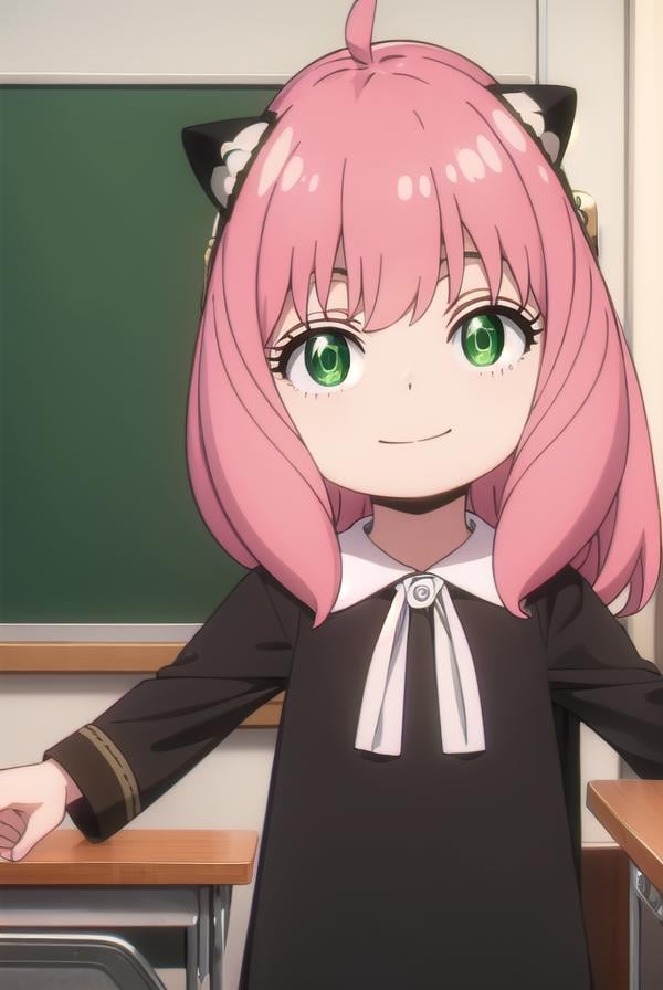 anyaforger, <lora:anya forger s1-lora-nochekaiser:1>,anya forger, bangs, (green eyes:1.5), pink hair, ahoge, hair ornament, smile, child, female child,BREAK long sleeves, dress, school uniform, socks, black dress, eden academy school uniform,BREAK indoors, classroom,BREAK looking at viewer, (cowboy shot:1.5),BREAK <lyco:GoodHands-beta2:1>, (masterpiece:1.2), best quality, high resolution, unity 8k wallpaper, (illustration:0.8), (beautiful detailed eyes:1.6), extremely detailed face, perfect lighting, extremely detailed CG, (perfect hands, perfect anatomy),