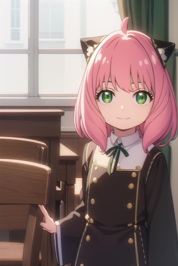 anyaforger, <lora:anya forger s1-lora-nochekaiser:1>,anya forger, bangs, (green eyes:1.5), pink hair, ahoge, hair ornament, smile, child, female child,BREAK long sleeves, dress, school uniform, socks, black dress, eden academy school uniform,BREAK indoors, classroom,BREAK looking at viewer, (cowboy shot:1.5),BREAK <lyco:GoodHands-beta2:1>, (masterpiece:1.2), best quality, high resolution, unity 8k wallpaper, (illustration:0.8), (beautiful detailed eyes:1.6), extremely detailed face, perfect lighting, extremely detailed CG, (perfect hands, perfect anatomy),