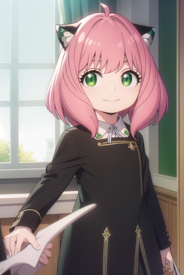 anyaforger, <lora:anya forger s1-lora-nochekaiser:1>,anya forger, bangs, (green eyes:1.5), pink hair, ahoge, hair ornament, smile, child, female child,BREAK long sleeves, dress, school uniform, socks, black dress, eden academy school uniform,BREAK indoors, classroom,BREAK looking at viewer, (cowboy shot:1.5),BREAK <lyco:GoodHands-beta2:1>, (masterpiece:1.2), best quality, high resolution, unity 8k wallpaper, (illustration:0.8), (beautiful detailed eyes:1.6), extremely detailed face, perfect lighting, extremely detailed CG, (perfect hands, perfect anatomy),