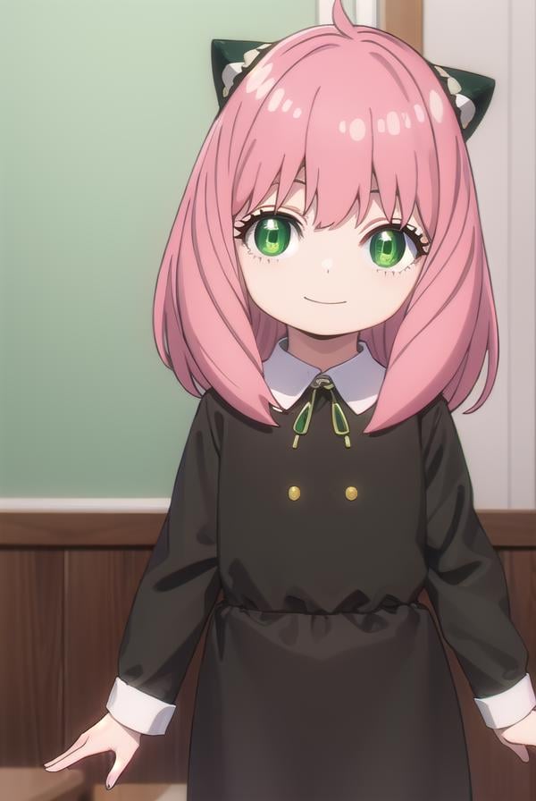 anyaforger, <lora:anya forger s1-lora-nochekaiser:1>,anya forger, bangs, (green eyes:1.5), pink hair, ahoge, hair ornament, smile, child, female child,BREAK long sleeves, dress, school uniform, socks, black dress, eden academy school uniform,BREAK indoors, classroom,BREAK looking at viewer, (cowboy shot:1.5),BREAK <lyco:GoodHands-beta2:1>, (masterpiece:1.2), best quality, high resolution, unity 8k wallpaper, (illustration:0.8), (beautiful detailed eyes:1.6), extremely detailed face, perfect lighting, extremely detailed CG, (perfect hands, perfect anatomy),