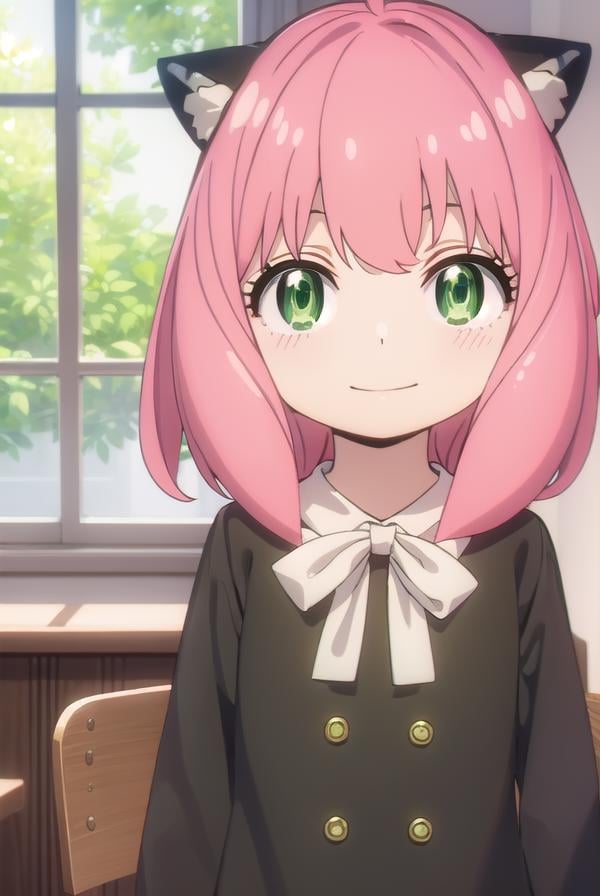 anyaforger, <lora:anya forger s1-lora-nochekaiser:1>,anya forger, bangs, (green eyes:1.5), pink hair, ahoge, hair ornament, smile, child, female child,BREAK long sleeves, dress, school uniform, socks, black dress, eden academy school uniform,BREAK indoors, classroom,BREAK looking at viewer, (cowboy shot:1.5),BREAK <lyco:GoodHands-beta2:1>, (masterpiece:1.2), best quality, high resolution, unity 8k wallpaper, (illustration:0.8), (beautiful detailed eyes:1.6), extremely detailed face, perfect lighting, extremely detailed CG, (perfect hands, perfect anatomy),