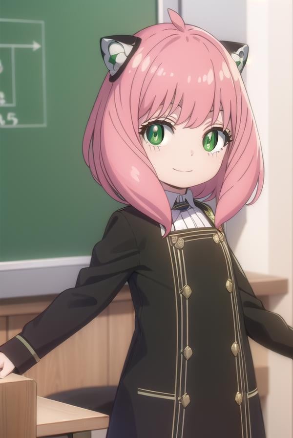 anyaforger, <lora:anya forger s1-lora-nochekaiser:1>,anya forger, bangs, (green eyes:1.5), pink hair, ahoge, hair ornament, smile, child, female child,BREAK long sleeves, dress, school uniform, socks, black dress, eden academy school uniform,BREAK indoors, classroom,BREAK looking at viewer, (cowboy shot:1.5),BREAK <lyco:GoodHands-beta2:1>, (masterpiece:1.2), best quality, high resolution, unity 8k wallpaper, (illustration:0.8), (beautiful detailed eyes:1.6), extremely detailed face, perfect lighting, extremely detailed CG, (perfect hands, perfect anatomy),