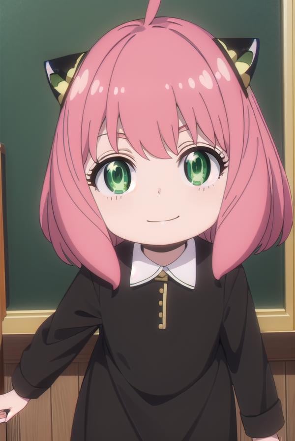 anyaforger, <lora:anya forger s1-lora-nochekaiser:1>,anya forger, bangs, (green eyes:1.5), pink hair, ahoge, hair ornament, smile, child, female child,BREAK long sleeves, dress, school uniform, socks, black dress, eden academy school uniform,BREAK indoors, classroom,BREAK looking at viewer, (cowboy shot:1.5),BREAK <lyco:GoodHands-beta2:1>, (masterpiece:1.2), best quality, high resolution, unity 8k wallpaper, (illustration:0.8), (beautiful detailed eyes:1.6), extremely detailed face, perfect lighting, extremely detailed CG, (perfect hands, perfect anatomy),