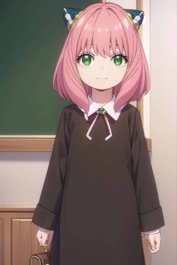 anyaforger, <lora:anya forger s1-lora-nochekaiser:1>,anya forger, bangs, (green eyes:1.5), pink hair, ahoge, hair ornament, smile, child, female child,BREAK long sleeves, dress, school uniform, socks, black dress, eden academy school uniform,BREAK indoors, classroom,BREAK looking at viewer, (cowboy shot:1.5),BREAK <lyco:GoodHands-beta2:1>, (masterpiece:1.2), best quality, high resolution, unity 8k wallpaper, (illustration:0.8), (beautiful detailed eyes:1.6), extremely detailed face, perfect lighting, extremely detailed CG, (perfect hands, perfect anatomy),