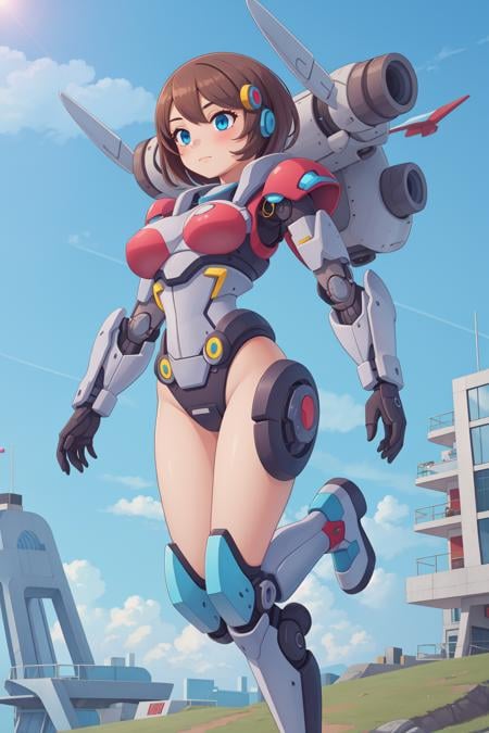 1girl, medium breasts, bare legs, cyborg, power armoroutdoors, sky, flying