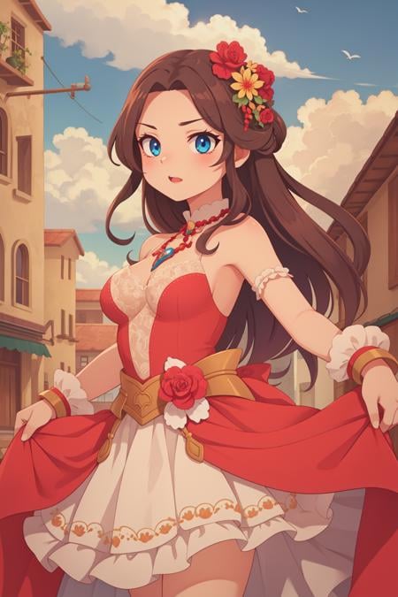 flat color, 1girl, (cowboy shot:1.2), medium breasts, elaborate gown, lace, (dramatic pose:1.2), detailed background, outdoors, (simple background:-1)