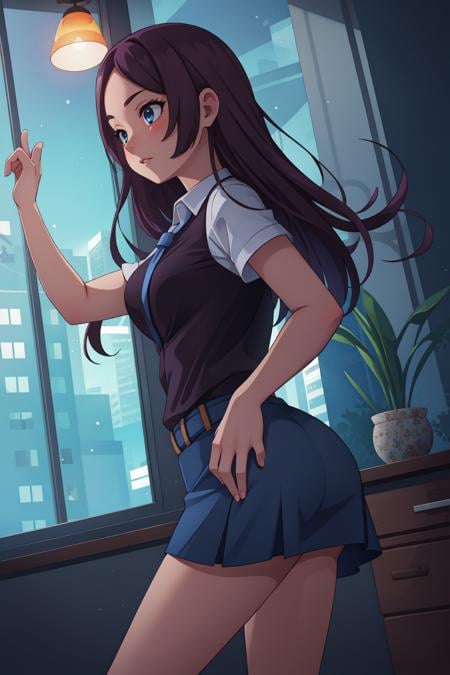 office lady, medium breasts, skirt, ass focus, skinny BREAKdramatic lighting, shadow, shade, window shade, night, dark <lora:twisted_torso_v0.1:1>