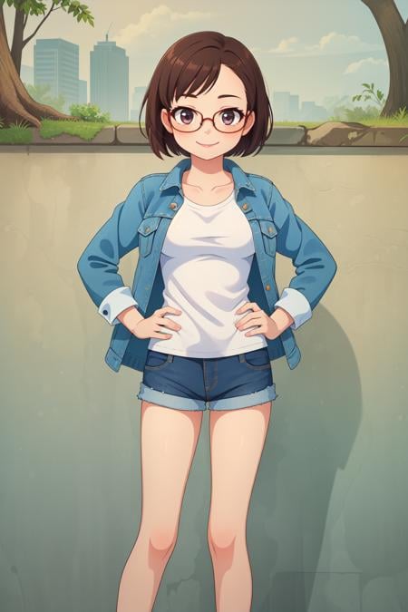 (masterpiece, best quality:1.2), solo, 1girl, smile, looking at viewer, hands on hips, glasses, denim jacket, long sleeves, white shirt, ((bare legs)), medium breasts