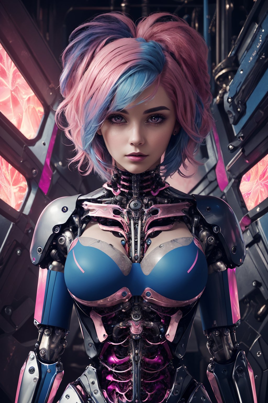 (masterpiece, top quality, best quality, official art, beautiful and aesthetic:1.2),(1girl:1.4),upper body,([pink|blue] hair:1.5),extreme detailed,(fractal art:1.3),(colorful:1.5),highest detailed,(Mechanical modification:1.5),