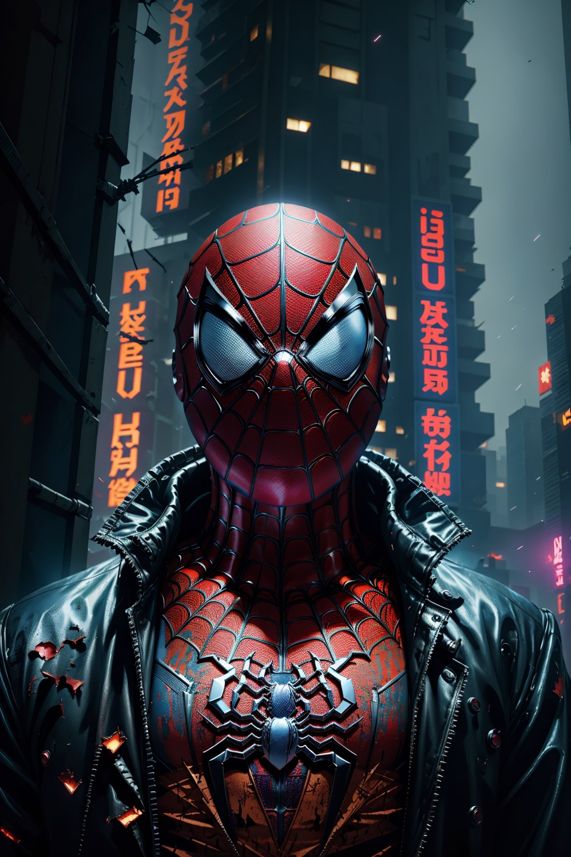 (Killer Spider-Man) from (Marvel),  the entire suit drenched in blood,  with (pieces of torn clothes) scattered about. The character features (intricate and angular cybernetic implants) inside a (brutalist building) combined with a (Gothic brutalist cathedral) backdrop,  creating a (cyberpunk) atmosphere. The image is reminiscent of a (Foto premiada) with a focus on (Bokeh) and neon lights. This masterpiece is in (4K Cyber) resolution,  blending the elements of a brutalist and cyberpunk aesthetic into a visually captivating and chilling scene.,High detailed ,horror (theme)