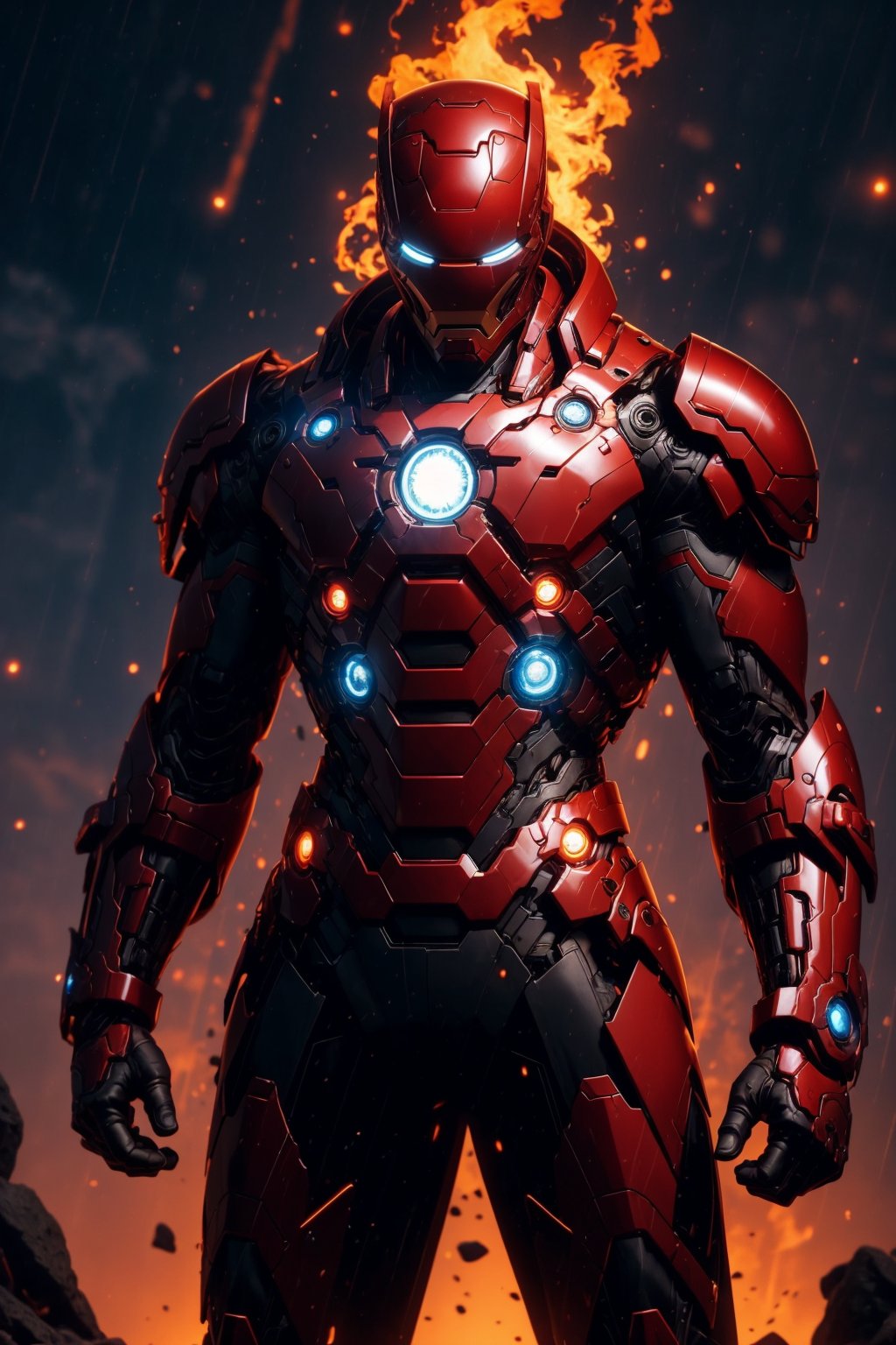 Cyberpunk iron man, fire-around, rocks, ruins, red-eyes, eyes-glowing, top hat, rain-fire, fire around her, epic anime art, thin waist, beautiful figure, wide hips, sexy, teen, belts, holster, crop top, (best quality, ultra quality), detailed face, detailed eyes, cute eyes, perfect lighting, HD, 8k, glossy skin, masterpiece, digital art, intricate details, highly detailed, volumetric lighting, background detiled, ue5, unreal engine 5, artstation, trending on artstation, post processing, line art, tiny details, colorful detailed illustration, outer_space 1960s, cinematic, multiple light sources, sunset,r1ge,Mecha warrior