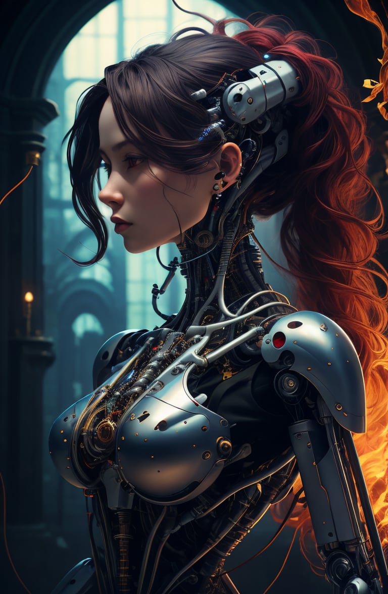 8K, fire , red, flame, , explosion, , highly detailed, a beautiful ultra detailed of a beautiful profile, biomechanical cyborg, deamon 1mechanical girl, ((ultra realistic details))woman with all ruby red dress, fantasy, , fantasy, intricate, elegant, highly detailed, , sharp focus, illustration, red black hole, MCSkin complex 3d render ultra detailed of a beautiful profile, biomechanical cyborg, analog, 150 mm lens, beautiful natural soft rim light, big leaves and stems, roots, fine foliage lace, colorful details, samourai, Boris Bidjan Saberi outfit, pearl earring, piercing, art nouveau fashion embroidered, intricate details, mesh wire, mandelbrot fractal, anatomical, facial muscles, cable wires, microchip, badass, hyper realistic, ultra detailed, octane render, volumetric lighting, 8k post-production, red and white with a bit of black, detailled metalic bones, semi human, iridescent colors, Glenn Brown style, white room, (art by David Sims:1.3), , dark theme,<lora:fantchar_v4:0.75>