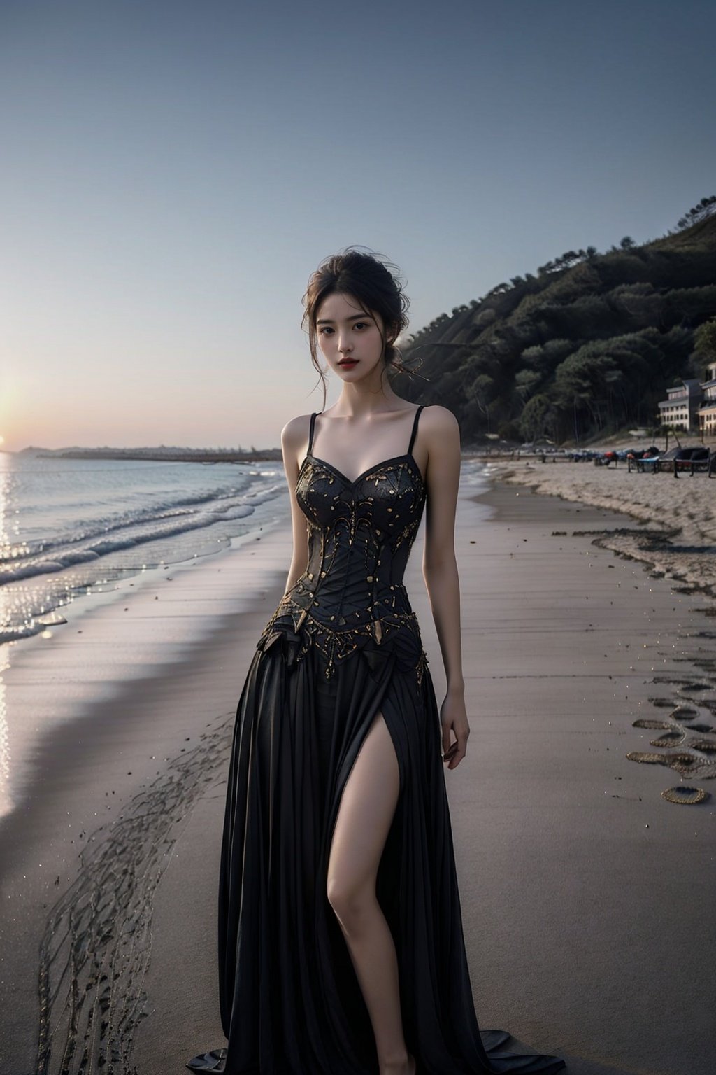  ((masterpiece)), ((best quality)), 8k, high detailed, ultra-detailed, (20-year-old girl), (dress), (strap dress), (on the beach), (solo), (seaside), (sunset), (golden hour), (ocean waves), (sand), (serenity).cuihua,heigirl