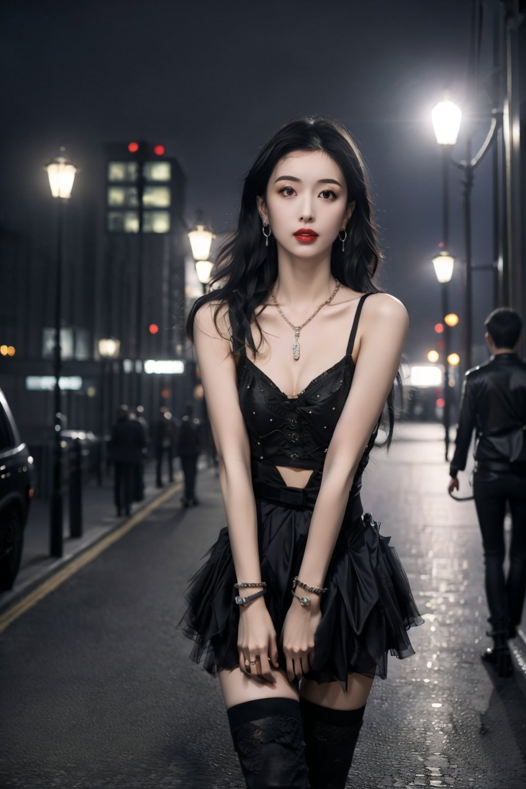   1  girl,  young  woman,  black  dress,  (short:1.2),  sexy,  alluring,  seductive,  beautiful  eyes,  light  makeup,  black  hair,  long  hair,  (curly  hair:1.1),  earrings,  necklace,  bracelet,  high  heels,  thigh-highs,  legs,  walking,  outdoor,  city,  night,  streetlights,  neon  signs,  buildings,  (cityscape:1.2),  urban,  modern,  fashionable,  confident,  (sophisticated:1.1),  mysterious,  allure,  attractive,  (glamorous:1.0),  posh,  stylish,  elegant,  (classy:1.1),  portrait,  close-up,  shallow  depth  of  field,  (cinematic  composition:1.3),  urban  life,  city  girl,  nightlife,  vibrant,  energetic,  dynamic,  (hdr:1.0),  accent  lighting,  (pantyshot:1.0),  fish  eye  lens.heigirl