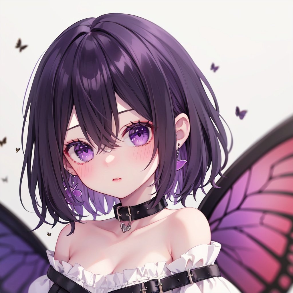 1girl, butterfly, bug, wings, solo, jewelry, looking at viewer, earrings, purple eyes, collar, bare shoulders, hair between eyes, bangs, upper body, collarbone, off shoulder, black hair, black background, buckle, medium hair, blush, purple hair, heart, dress, blurry, off-shoulder dress, off-shoulder shirt