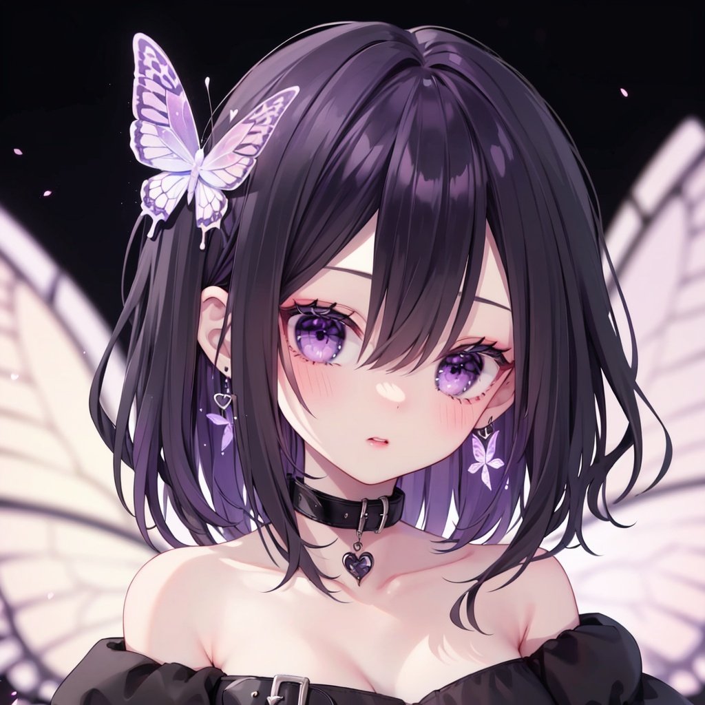 1girl,butterfly,bug,wings,solo,jewelry,looking at viewer,earrings,purple eyes,collar,bare shoulders,hair between eyes,bangs,upper body,collarbone,off shoulder,black hair,black background,buckle,medium hair,blush,purple hair,heart,dress,blurry,off-shoulder dress,off-shoulder shirt,