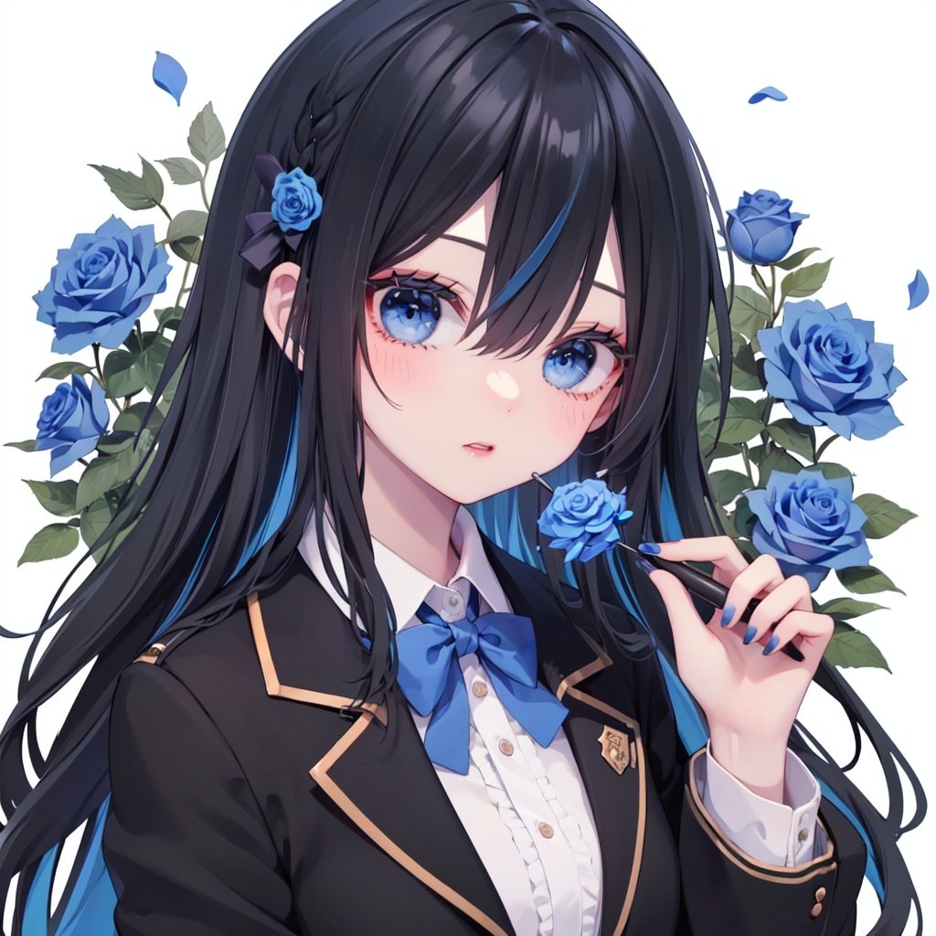 1girl, blue flower, blue rose, solo, flower, rose, blue eyes, holding, petals, shirt, long hair, looking at viewer, hair between eyes, bangs, collared shirt, black hair, blue hair, jacket, holding flower, white shirt, bow, multicolored hair, black jacket, black bow, nail polish, bowtie, blue nails, upper body, covered mouth, makeup, eyelashes, fingernails, black bowtie, hand up, two-tone hair