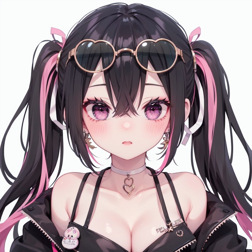 1girl,solo,eyewear on head,heart,black hair,multicolored hair,earrings,pink hair,jewelry,looking at viewer,choker,blush,pink eyes,white background,twintails,long hair,heart earrings,bangs,jacket,streaked hair,simple background,breasts,hair between eyes,black choker,nail polish,sunglasses,two-tone hair,upper body,cleavage,black jacket,pink nails,