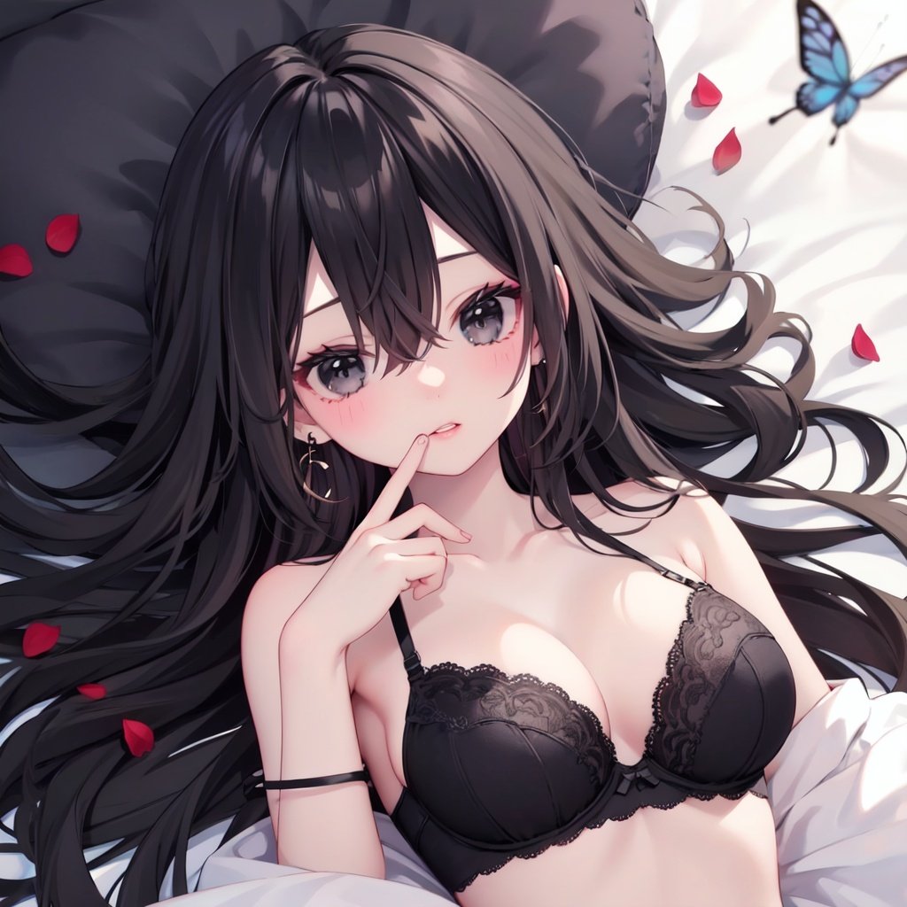 1girl,bug,butterfly,underwear,black hair,solo,bra,black bra,long hair,breasts,earrings,jewelry,strap slip,black eyes,looking at viewer,upper body,lying,on back,finger to mouth,bangs,parted lips,bare shoulders,collarbone,medium breasts,hair between eyes,petals,cleavage,lace trim,lace,