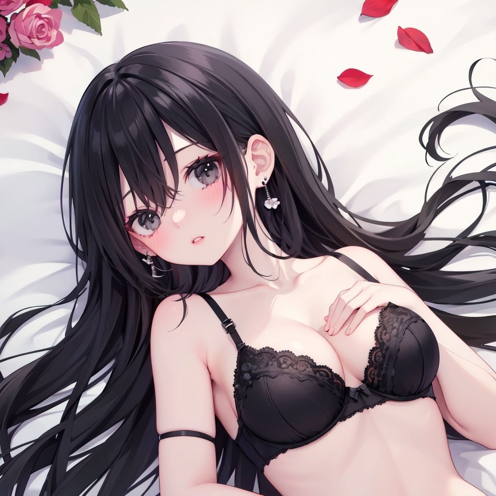 1girl, bug, butterfly, underwear, black hair, solo, bra, black bra, long hair, breasts, earrings, jewelry, strap slip, black eyes, looking at viewer, upper body, lying, on back, finger to mouth, bangs, parted lips, bare shoulders, collarbone, medium breasts, hair between eyes, petals, cleavage, lace trim, lace