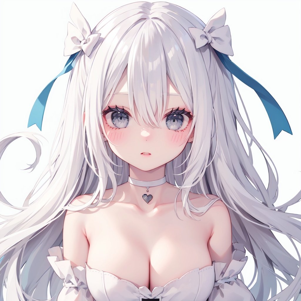 1girl, solo, long hair, white background, simple background, choker, grey eyes, looking at viewer, white hair, upper body, blush, bangs, breasts, bare shoulders, white choker, dress, white dress, collarbone, cleavage, hair between eyes, ribbon, bow, hair bow, hair ribbon, white ribbon, closed mouth, hand on own chest, white bow, white eyes, parted lips, nail polish